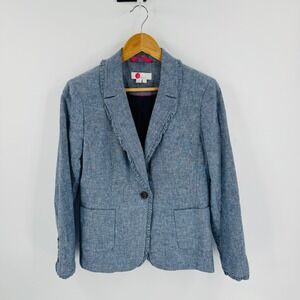 Boden Linen Blend Chambray Blazer Size 8R Blue Ruffle Trim Coastal Preppy Spring